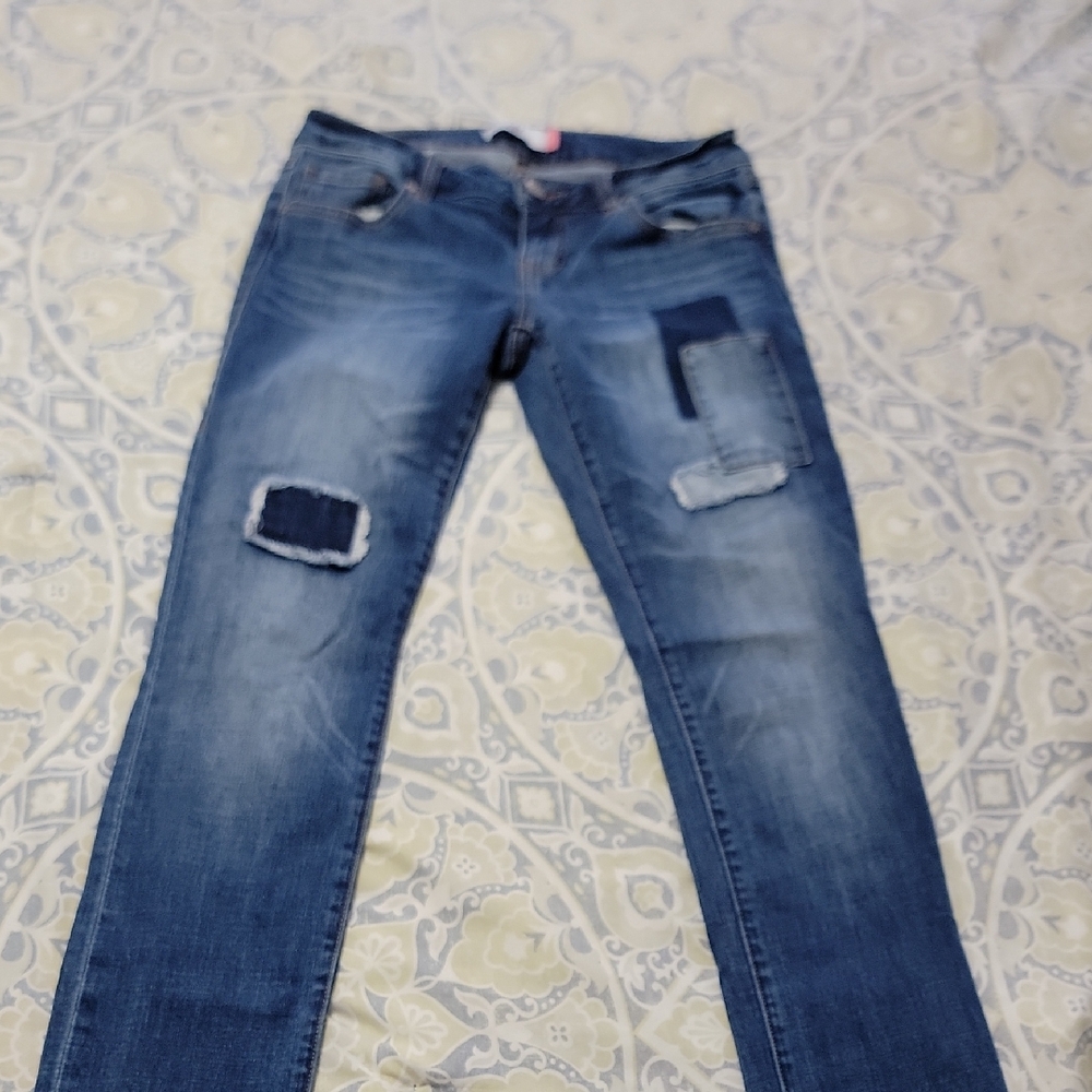 CAbi Blue Straight Leg Patchwork Jeans